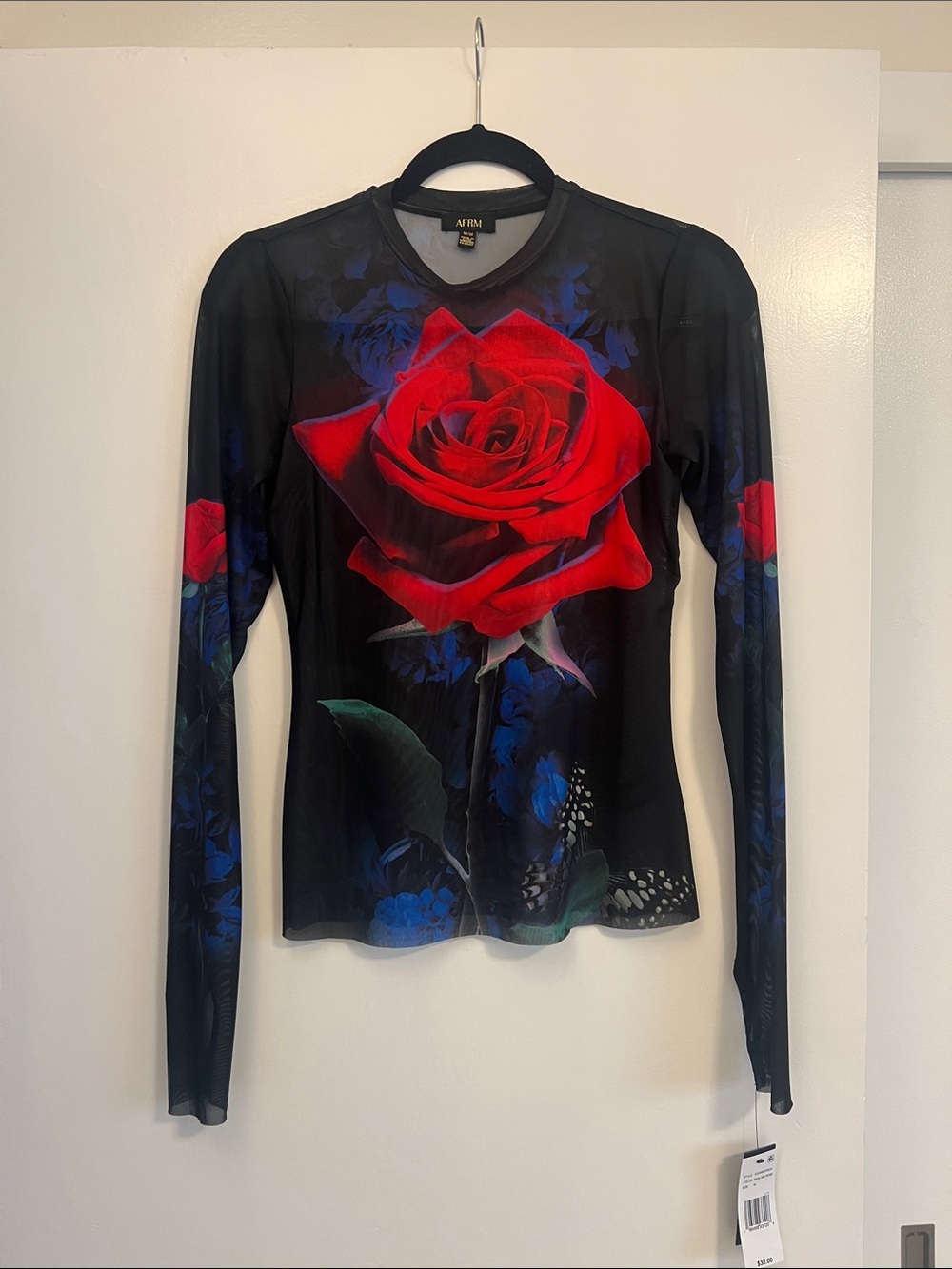Women’s Black Long-Sleeve Mesh Top with Red Rose Print